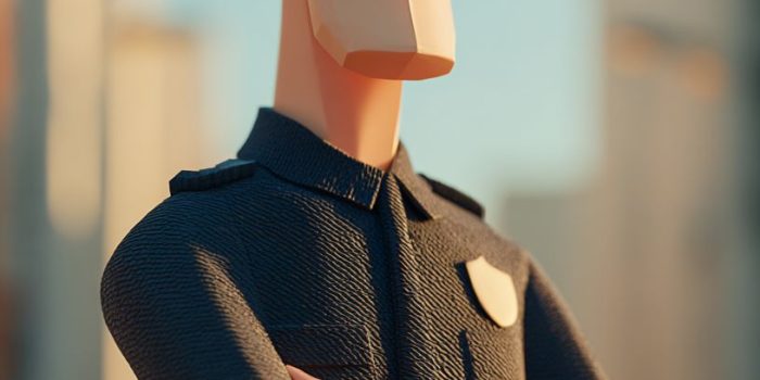 ChatGPT提示词_一个身穿低多边形警帽和制服的男性无特征3D模特在街道环境中站立_chatgpt入口缩略图