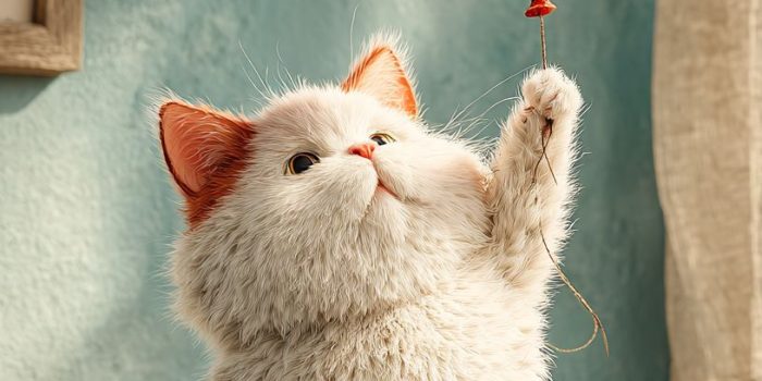 ChatGPT提示词_一只逼真的胖白猫在后腿上轻轻拍打着一个红色氦气球，气球悬浮在它的头顶上_chatgpt会员缩略图