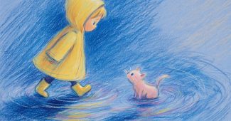 ChatGPT提示词_一个可爱的小孩穿着黄色雨衣踩在水坑上，身后跟着一只粉色的小猫_chatgpt在线版网页缩略图