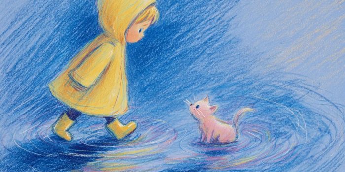 ChatGPT提示词_一个可爱的小孩穿着黄色雨衣踩在水坑上，身后跟着一只粉色的小猫_chatgpt在线版网页缩略图