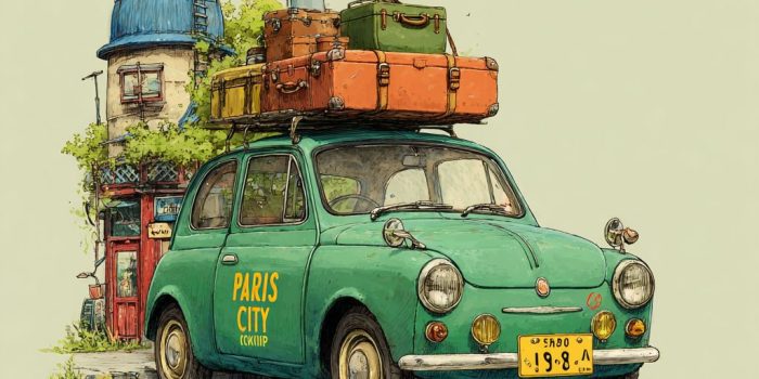 ChatGPT提示词_一辆可爱的绿色车顶上放着行李，牌子上写着PARIS CITY pop_chatgpt会员共享多少钱缩略图