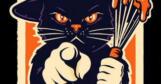 ChatGPT提示词_黑猫戴尖顶女巫帽，用面包打蛋器指向观众，呈现复古宣传海报风格_chat gpt会员费缩略图