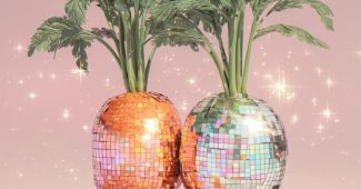 ChatGPT提示词_这是一幅手绘插图，展示了两根奇幻胡萝卜在柔和的粉色渐变背景上，胡萝卜表面覆盖着大型镜面亮片，背景是简约的黄白格子图案_chatgpt在线聊天查询缩略图