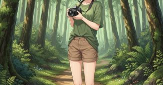 ChatGPT提示词_自然动漫女孩穿绿色衬衫和卡其色短裤，手持相机在森林小径上_chatgpt官网中文电脑版缩略图