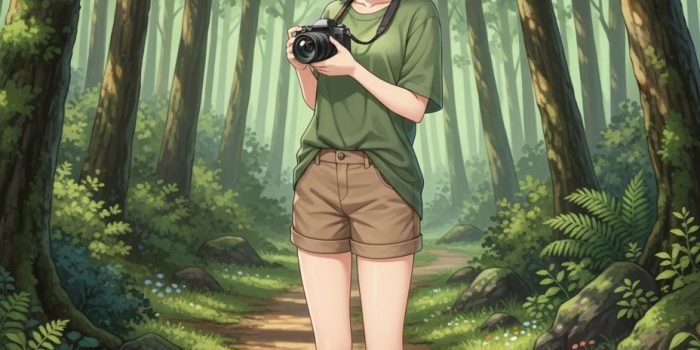 ChatGPT提示词_自然动漫女孩穿绿色衬衫和卡其色短裤，手持相机在森林小径上_chatgpt官网中文电脑版缩略图