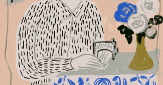 ChatGPT提示词_一幅极简风格的花卉草图，展示了裁缝在桌前的身影_chatgpt缩略图