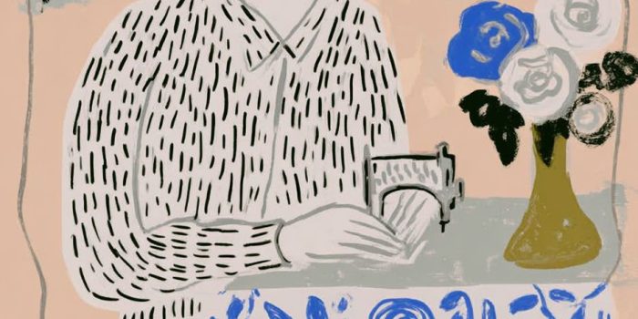 ChatGPT提示词_一幅极简风格的花卉草图，展示了裁缝在桌前的身影_chatgpt缩略图