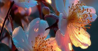 ChatGPT提示词_晨光照耀下的桑卡尤花朵，洁白透明的花瓣柔和发光，周围绿叶清新，营造出宁静而明亮的氛围_chatgpt网页版在线缩略图