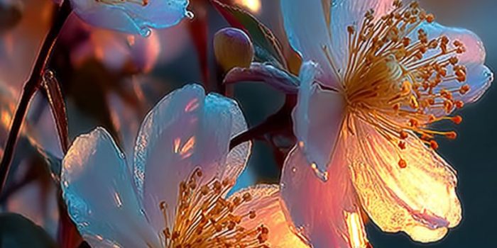 ChatGPT提示词_晨光照耀下的桑卡尤花朵，洁白透明的花瓣柔和发光，周围绿叶清新，营造出宁静而明亮的氛围_chatgpt网页版在线缩略图