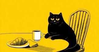 ChatGPT提示词_一只表情不悦的猫坐在桌边，桌上有咖啡和可颂_chatgpt中文版官网缩略图