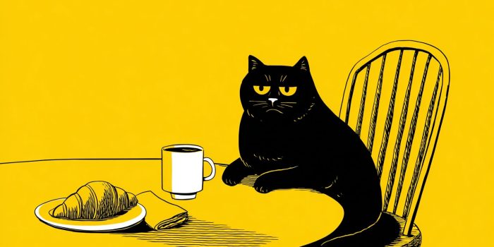 ChatGPT提示词_一只表情不悦的猫坐在桌边，桌上有咖啡和可颂_chatgpt中文版官网缩略图