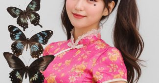 ChatGPT提示词_一位女子穿着粉色旗袍，配有花饰和白色蕾丝领子，手托几只大型蝴蝶_chatgpt会员有什么用缩略图