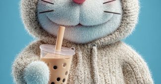 ChatGPT提示词_一个可爱的哆啦A梦角色穿着白鞋和米色连帽衫，坐在凳子上喝着奶茶_chatgpt5.0缩略图