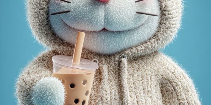 ChatGPT提示词_一个可爱的哆啦A梦角色穿着白鞋和米色连帽衫，坐在凳子上喝着奶茶_chatgpt5.0缩略图