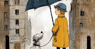 ChatGPT提示词_一个小男孩在雨中牵着一只毛茸茸的狗，背景是城市建筑和石板上的小水洼_chatgpt网页版在线试用缩略图