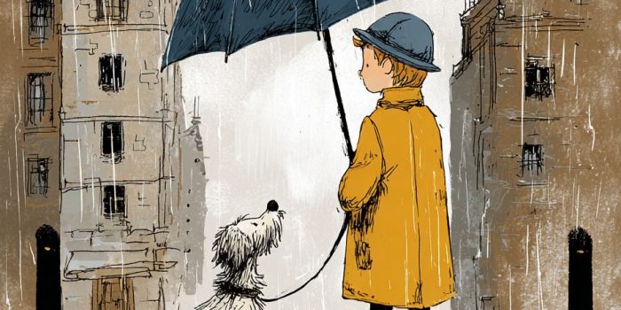 ChatGPT提示词_一个小男孩在雨中牵着一只毛茸茸的狗，背景是城市建筑和石板上的小水洼_chatgpt网页版在线试用缩略图