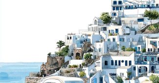 ChatGPT提示词_这是一幅手绘的卡通插图，描绘了圣托里尼海边的夏季旅行场景_怎么获取chatgptplus缩略图