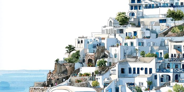 ChatGPT提示词_这是一幅手绘的卡通插图，描绘了圣托里尼海边的夏季旅行场景_怎么获取chatgptplus缩略图