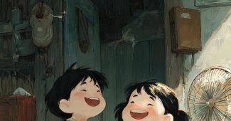 ChatGPT提示词_这幅插图展现了1970和1980年代中国乡村住宅内的温馨场景，两个小孩面对着老式地扇，流露着喜悦与舒适的表情_如何开通gpt会员功能手机号缩略图