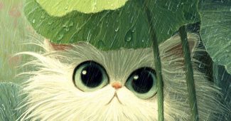 ChatGPT提示词_雨天里，一只可爱的白色猫咪从空的绿莲叶下探出头来，眼睛闪烁着光芒_chatgpt官网中文版4.0缩略图