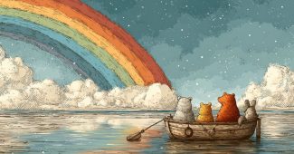 ChatGPT提示词_一幅儿童插图，展示了一只小木船载着可爱的动物在多云的天空中航行，上方有美丽的彩虹_chatgpt 下载缩略图