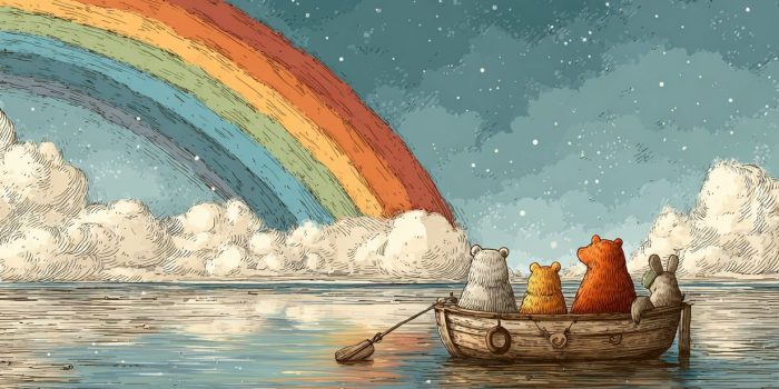 ChatGPT提示词_一幅儿童插图，展示了一只小木船载着可爱的动物在多云的天空中航行，上方有美丽的彩虹_chatgpt 下载缩略图