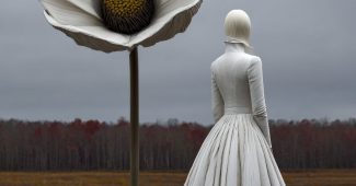 ChatGPT提示词_一位美丽的远古女子穿着白色长裙，凝视着一朵巨大的白色花朵_国内如何开通gpt会员缩略图