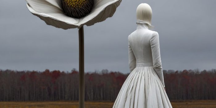 ChatGPT提示词_一位美丽的远古女子穿着白色长裙，凝视着一朵巨大的白色花朵_国内如何开通gpt会员缩略图