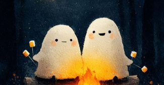 ChatGPT提示词_两个复古的幽灵坐在篝火旁，烤着棉花糖，星星和明亮的月亮_chatgpt会员缩略图