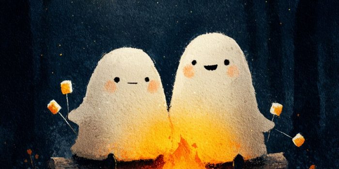 ChatGPT提示词_两个复古的幽灵坐在篝火旁，烤着棉花糖，星星和明亮的月亮_chatgpt会员缩略图
