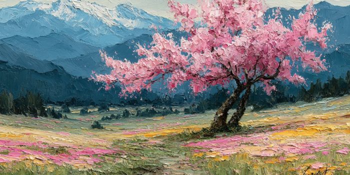 ChatGPT提示词_盛开的樱花林展现出油画的田园宁静，厚重的油彩勾勒出丰盈宁静的风景_chatgpt官网中文缩略图