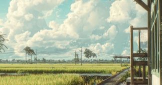 ChatGPT提示词_一个安静的乡村火车站，旧木长椅和一块小标牌，铁路铺设在无边的绿稻田上，蔚蓝的天空和柔和的白云_gpt会员价格缩略图