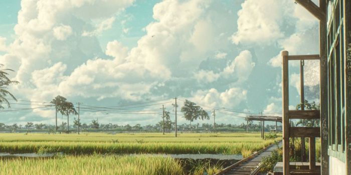 ChatGPT提示词_一个安静的乡村火车站，旧木长椅和一块小标牌，铁路铺设在无边的绿稻田上，蔚蓝的天空和柔和的白云_gpt会员价格缩略图