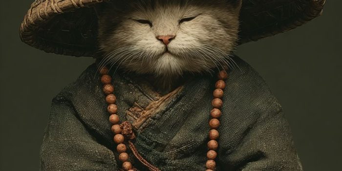 ChatGPT提示词_一只小猫穿着僧衣，坐着，手捧佛珠，打坐姿势，古典中国风_chatgpt会员多少钱缩略图