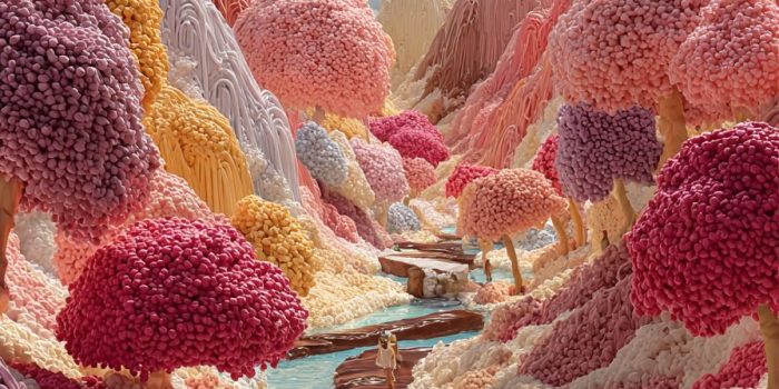 ChatGPT提示词_一个奇幻的糖果世界，巧克力河流和糖果树，色彩斑斓，充满乐趣的人物在跳舞_chatgpt在线网页版中文版缩略图