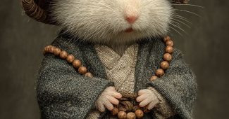 ChatGPT提示词_可爱的小老鼠穿着僧袍，坐着打坐，手中握着佛珠，头戴竹笠，展现了古风的魅力_chatgpt在线网页版免登录缩略图