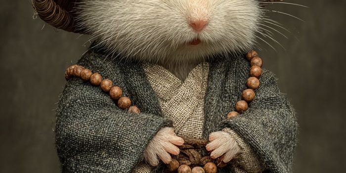 ChatGPT提示词_可爱的小老鼠穿着僧袍，坐着打坐，手中握着佛珠，头戴竹笠，展现了古风的魅力_chatgpt在线网页版免登录缩略图