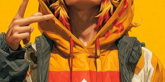 ChatGPT提示词_《鬼灭之刃》中的炼狱杏寿郎穿着阿迪达斯都市时尚，做手势的特写图像_chatgpt网页版在线缩略图