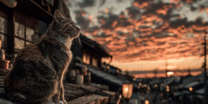 ChatGPT提示词_黄昏时分，一只真实的斑点三花猫坐在二楼屋檐的屋顶上_chatgpt帐号购买缩略图