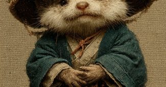 ChatGPT提示词_小猫鼯坐着身穿僧衣，双手合十佩戴佛珠，头戴竹帽，展现古风_开gpt会员缩略图