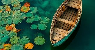 ChatGPT提示词_平静干净的绿湖，边缘有几片莲叶和一只小平底船_gpt会员怎么开通缩略图