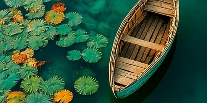 ChatGPT提示词_平静干净的绿湖，边缘有几片莲叶和一只小平底船_gpt会员怎么开通缩略图