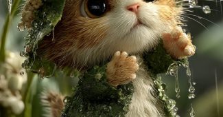 ChatGPT提示词_一只微型小猫在水洼中一个苔藓覆盖的小岛上，满身雨水，眼神恳求，巨大的手为它撑着绿叶_gpt会员多少钱一年缩略图