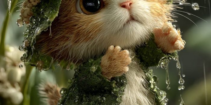 ChatGPT提示词_一只微型小猫在水洼中一个苔藓覆盖的小岛上，满身雨水，眼神恳求，巨大的手为它撑着绿叶_gpt会员多少钱一年缩略图