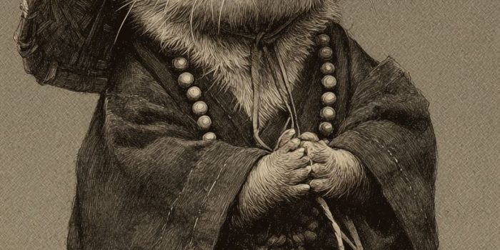 ChatGPT提示词_一只可爱的鼬鼠穿着僧侣服饰，戴着竹帽，盘腿而坐，双手合十，古风十足_如何购买gpt会员缩略图