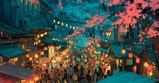 ChatGPT提示词_夜晚的动漫节，樱花纷飞，角色身穿彩色浴衣在灯笼下跳舞，热闹的美食摊位_人工智能chatgpt5.0缩略图