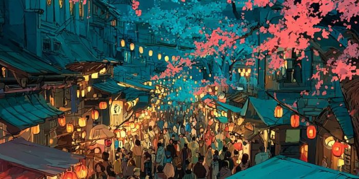 ChatGPT提示词_夜晚的动漫节，樱花纷飞，角色身穿彩色浴衣在灯笼下跳舞，热闹的美食摊位_人工智能chatgpt5.0缩略图