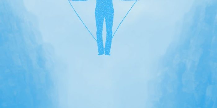 ChatGPT提示词_一幅象征性的数字插图描绘了一个人走在高空绳索上，象征脆弱的经济平衡_chatgpt 中文缩略图