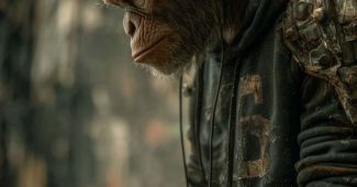 ChatGPT提示词_一只穿黑色卫衣、灰色滑板短裤、Vans鞋和红色耳机的猩猩在城市街道上行走_chatgpt5.2缩略图