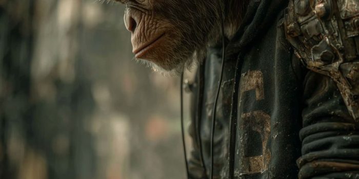 ChatGPT提示词_一只穿黑色卫衣、灰色滑板短裤、Vans鞋和红色耳机的猩猩在城市街道上行走_chatgpt5.2缩略图